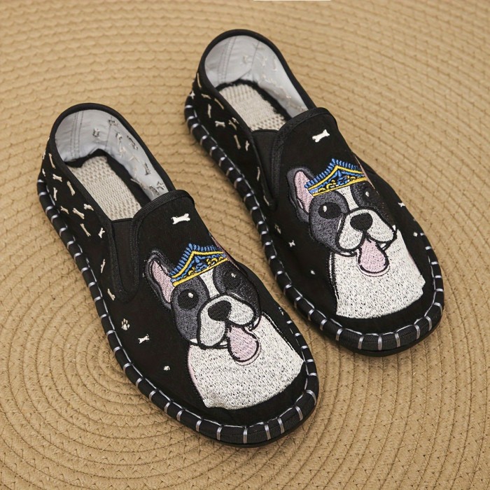 Women's Cut Dog Embroidered Flat Shoes, Casual Round Toe Slip On Canvas Shoes, Comfy Breathable Low Top Flats