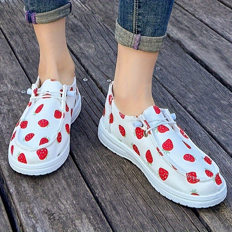 Women's Cute Strawberry Print Loafers, Lightweight Slip On Flat Soft Sole Stylish Shoes, Low-top Walking Canvas Shoes