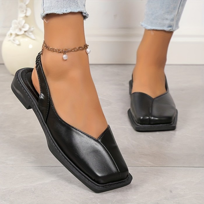 Women's Square Toe Flat Shoes, Versatile Elastic Strap Slip On Slingback Shoes, Casual Women's Footwear