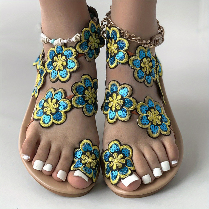 Women's Sequins Decor Flat Sandals, Casual Loop Toe Summer Shoes, Lightweight Beach Shoes