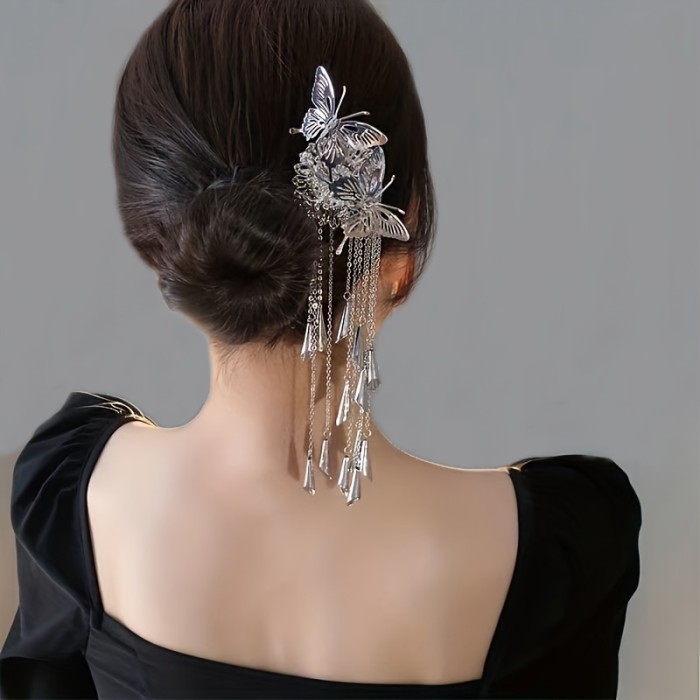 1pc Butterfly Tassel Hair Stick Long Metal Tassel Hair Fork Elegant Chignon Pin Neo Chinese Style Hairpin Women Girls Hair Accessories