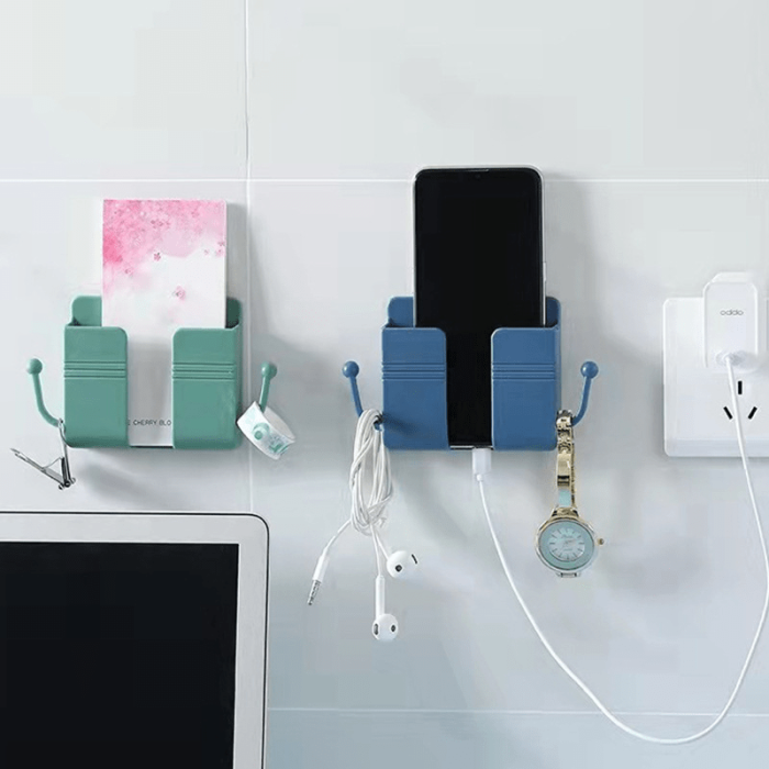 1pc,Mobile Phone Plug Wall Holder Punch Free Wall Mounted Organizer Storage Box Remote Control Mounted Charging Multifunction Hook