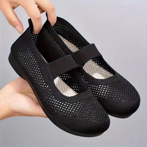 Women's Solid Color Flat Shoes, Breathable Knit Slip On Shoes, Lightweight & Comfortable Shoes