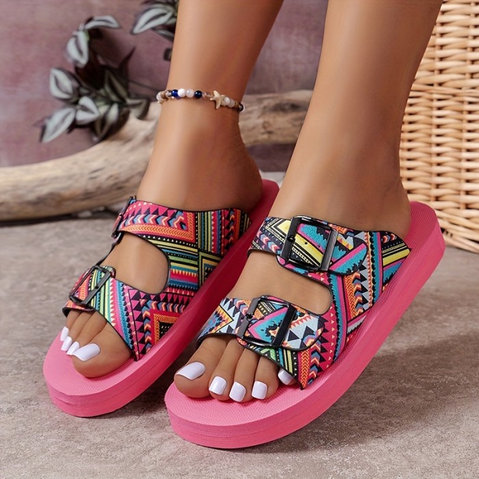 Women's Geometric Pattern Slide Sandals, Casual Double Buckle Strap Design Summer Shoes, Comfortable Slip On Beach Shoes