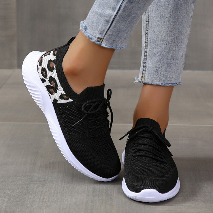 Women's Casual Sneakers, Flying Woven Leopard Pattern Breathable Lace-up Running Shoes, Women's Footwear
