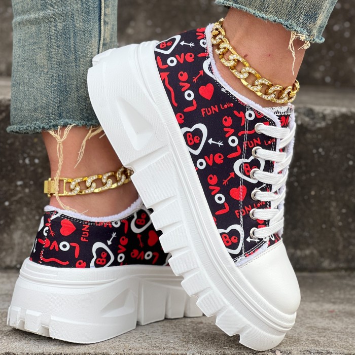 Women's Heart & Letter Print Canvas Shoes, Casual Lace Up Outdoor Shoes, Comfortable Low Top Valentine's Day Shoes