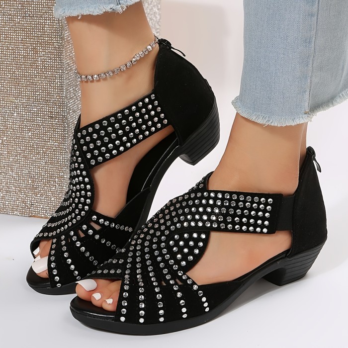 Women's Rhinestone Pattern Sandals, Peep Toe Back Zipper Chunky Heel Side Cut Out Wedge Shoes, Versatile Glitter Comfy Shoes