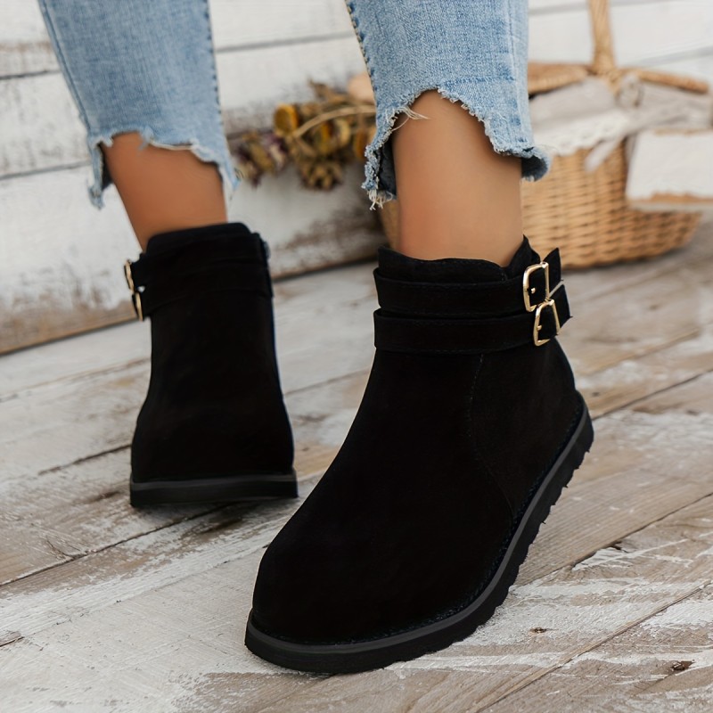 Women's Solid Color Short Boots, Casual Buckle Strap Side Zipper Boots, Comfortable Ankle Boots