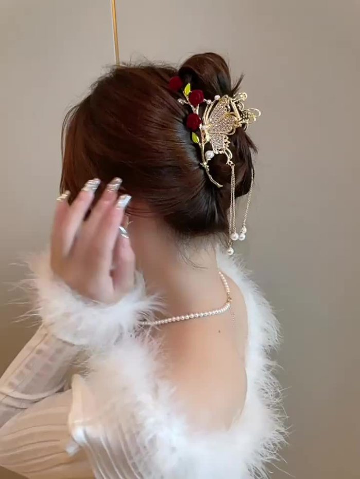 Delicate Long Faux Pearl Tassel Hair Claw, Butterfly Rhinestone Vintage Claw Clip, Women Girls Princess Style Hair Accessories, Ideal Choice For Valentine's Day Gift