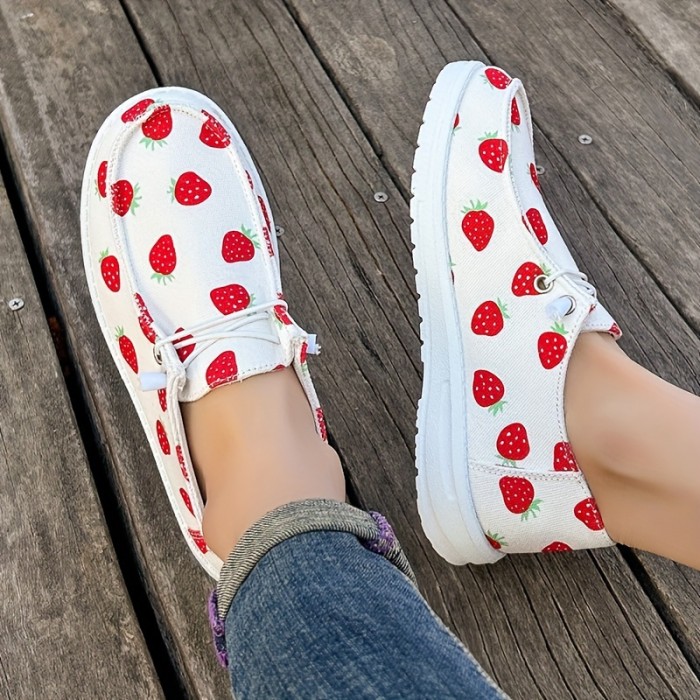 Women's Cute Strawberry Print Loafers, Lightweight Slip On Flat Soft Sole Stylish Shoes, Low-top Walking Canvas Shoes