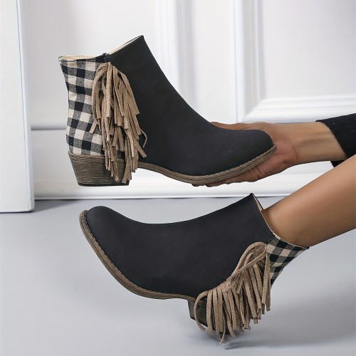 Women's Plaid Ankle Boots, Retro Tassel Decor Round Toe Side Zipper Shoes, Low Heeled Short Boots