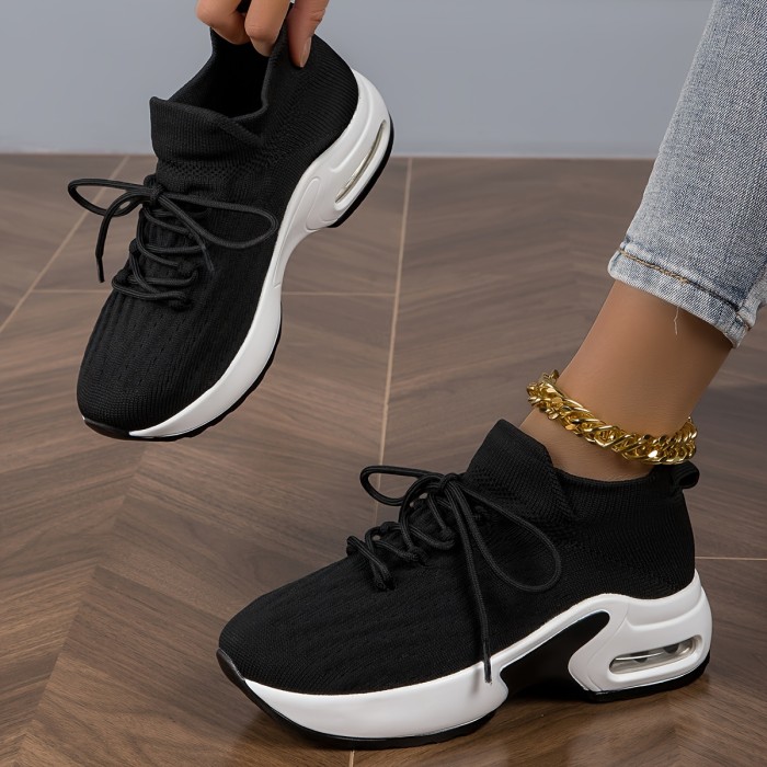 Women's Breathable Knit Platform Sneakers, Casual Lace Up Outdoor Shoes, Comfortable Low Top Running Shoes
