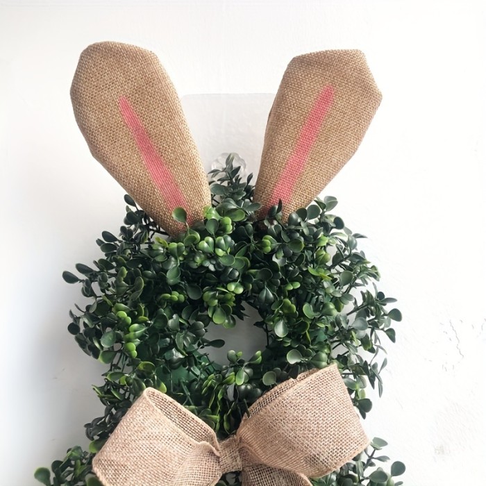 1pc, Handcrafted Home Decor Ornament - Rabbit Ear Flower Wreath With Artificial Green Plants, Perfect For Decorating Doors And Walls