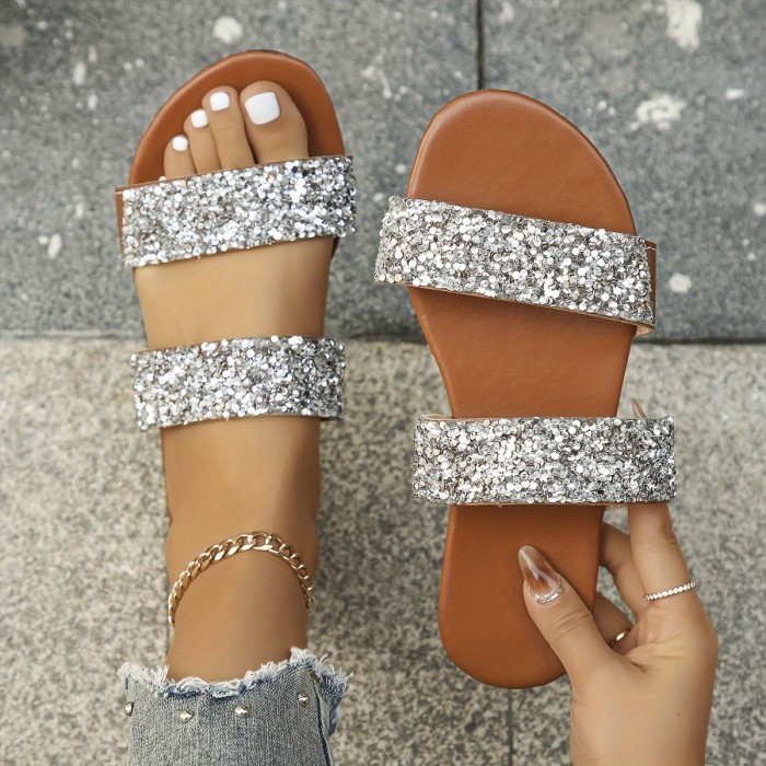 Women's Glitter Sequins Decor Slide Sandals, Casual Slip On Flat Summer Shoes, Lightweight Beach Shoes