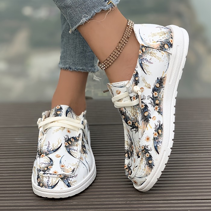 Women's Moon Print Canvas Shoes, Lightweight Low Top Flat Sneakers, Casual Round Toe Walking Shoes