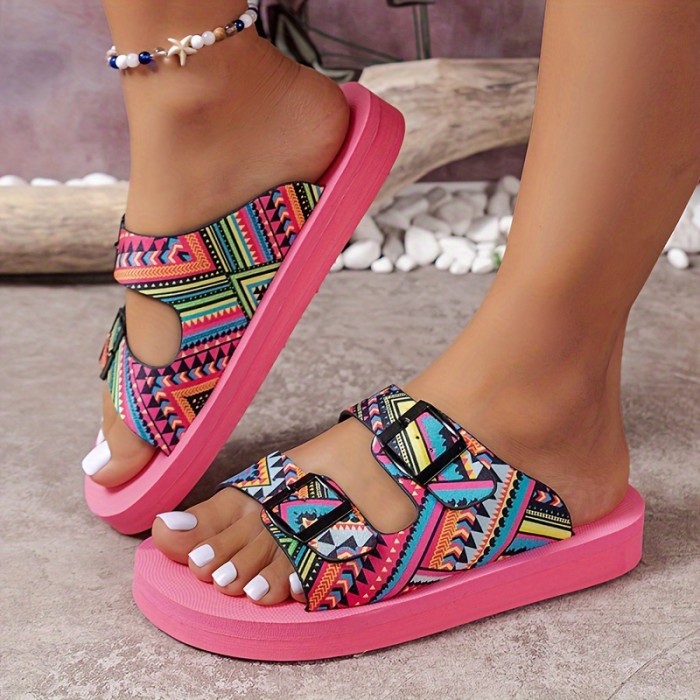 Women's Geometric Pattern Slide Sandals, Casual Double Buckle Strap Design Summer Shoes, Comfortable Slip On Beach Shoes