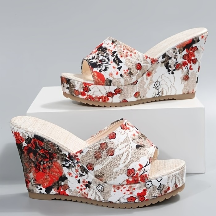 Women's Floral Printed Platform Wedge Slippers, Fashion Open Toe Non Slip Heels, Outdoor Slip On Sandals