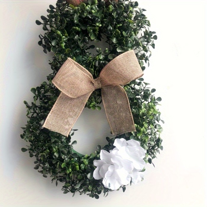 1pc, Handcrafted Home Decor Ornament - Rabbit Ear Flower Wreath With Artificial Green Plants, Perfect For Decorating Doors And Walls