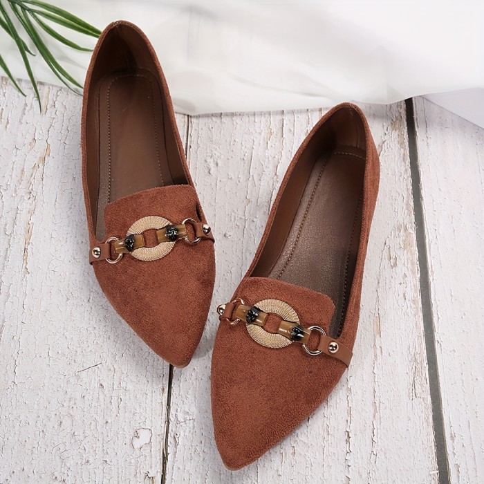 Women's Ethnic Buckle Decor Flat Shoes, Casual Pointed Toe Soft Sole Shoes, Comfy Slip On Flats