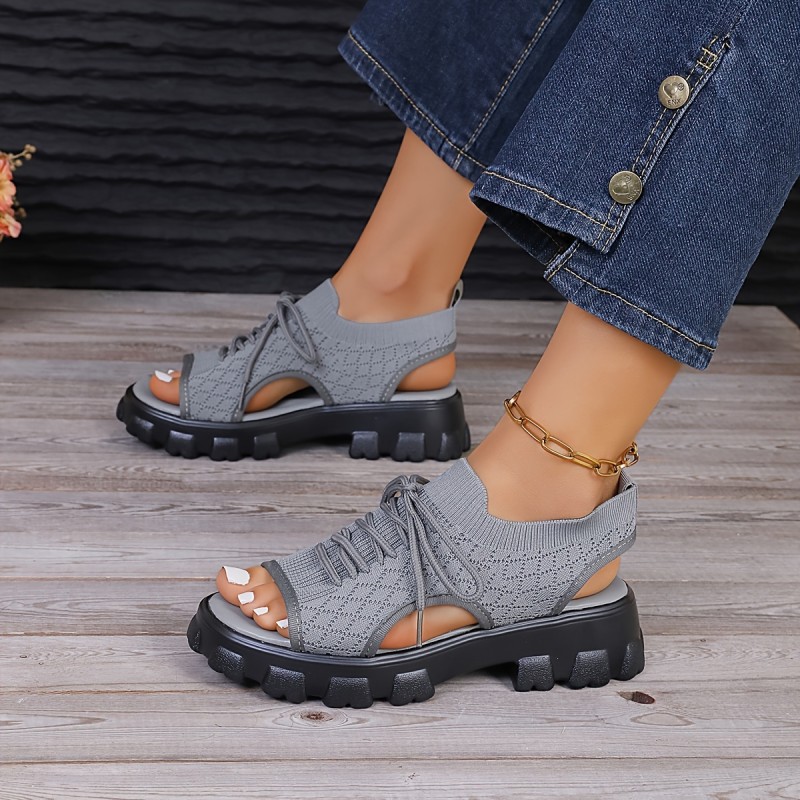Women's Knitted Platform Sandals, Peep Toe Lace Up Cut-out Summer Shoes, Casual Breathable Outdoor Sandals