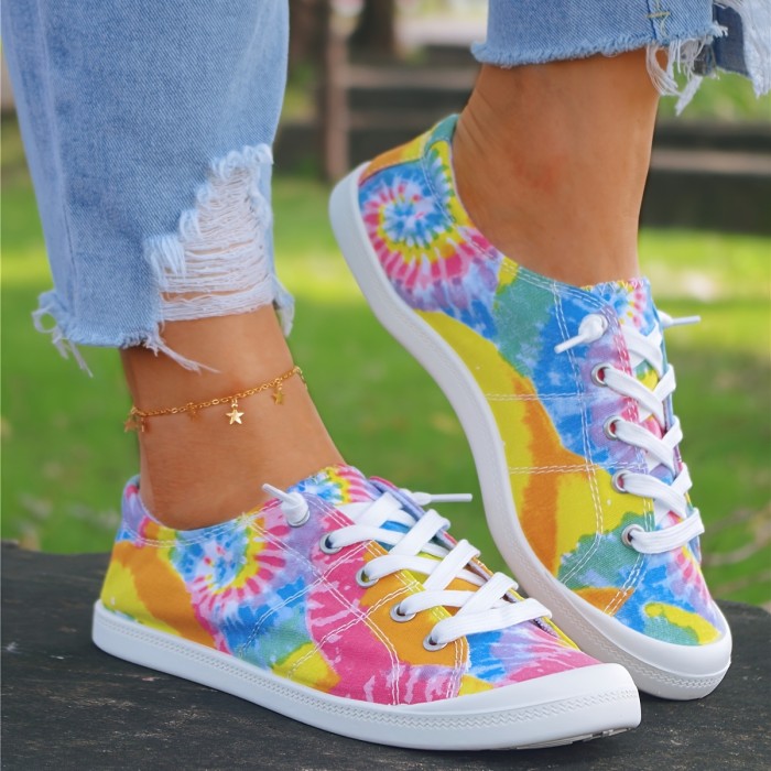 Women's Tie-Dye Print Canvas Shoes, Colorful Comfort Lace Up Sneakers, Casual Low Top Shoes