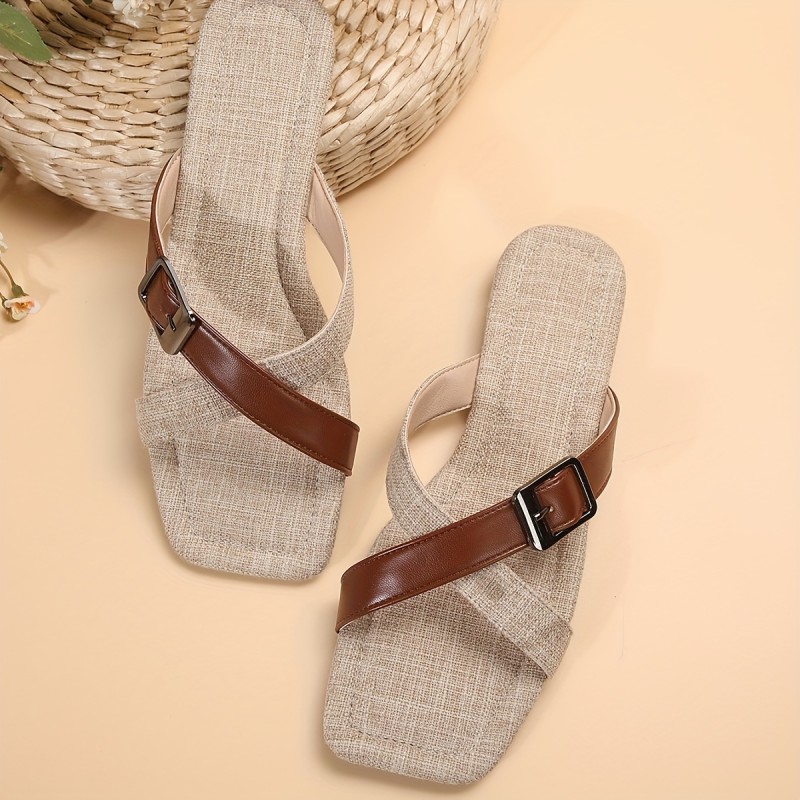 Women's Crisscross Buckle Strap Flat Slides, Fashion Square Open Toe Summer Shoes, All-Match Outside Slides