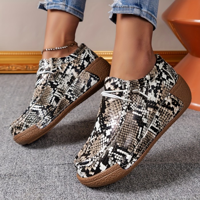 Women's Snakeskin Pattern Sneakers, Casual Lace Up Outdoor Shoes, Comfortable Low Top Shoes