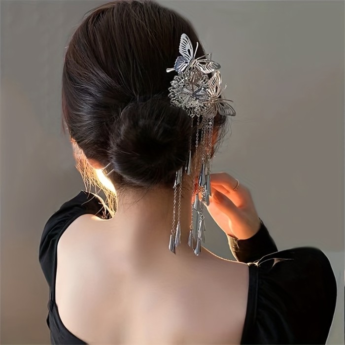 1pc Butterfly Tassel Hair Stick Long Metal Tassel Hair Fork Elegant Chignon Pin Neo Chinese Style Hairpin Women Girls Hair Accessories