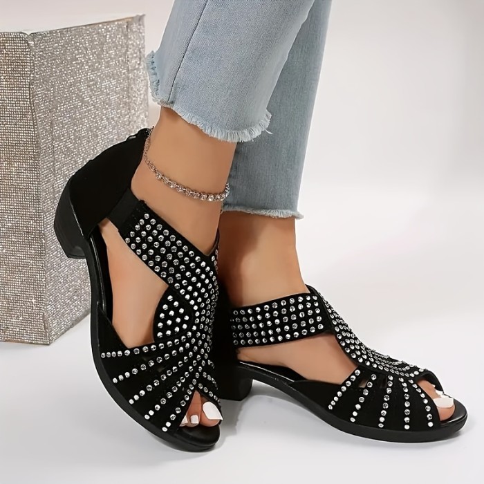 Women's Rhinestone Pattern Sandals, Peep Toe Back Zipper Chunky Heel Side Cut Out Wedge Shoes, Versatile Glitter Comfy Shoes