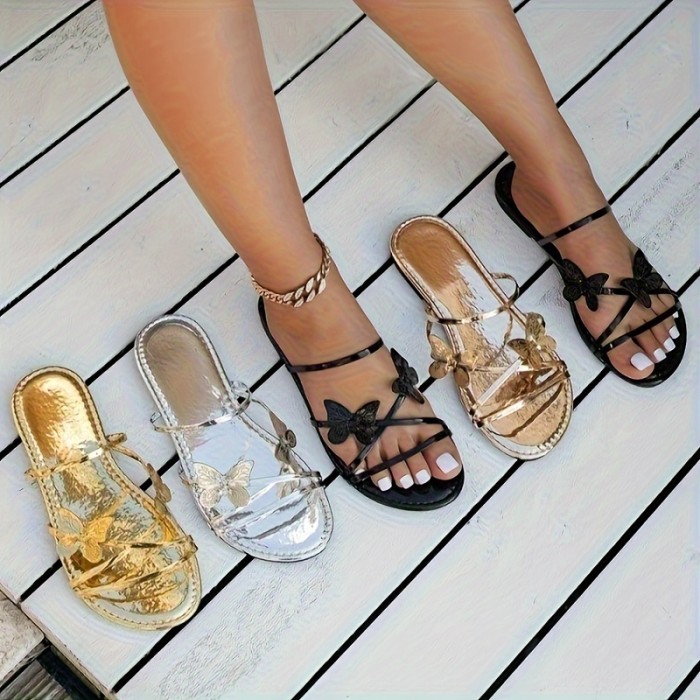 Women's Butterfly Decor Slide Sandals, Casual Open Toe Summer Shoes, Lightweight Slide Sandals