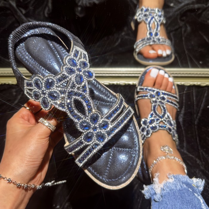 Women's Floral Rhinestone Flat Sandals, Boho Style Open Toe Elastic Strap Slip On Shoes, Casual Outdoor Sandals