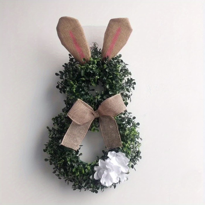 1pc, Handcrafted Home Decor Ornament - Rabbit Ear Flower Wreath With Artificial Green Plants, Perfect For Decorating Doors And Walls