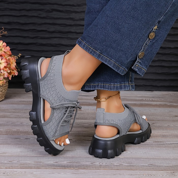 Women's Knitted Platform Sandals, Peep Toe Lace Up Cut-out Summer Shoes, Casual Breathable Outdoor Sandals