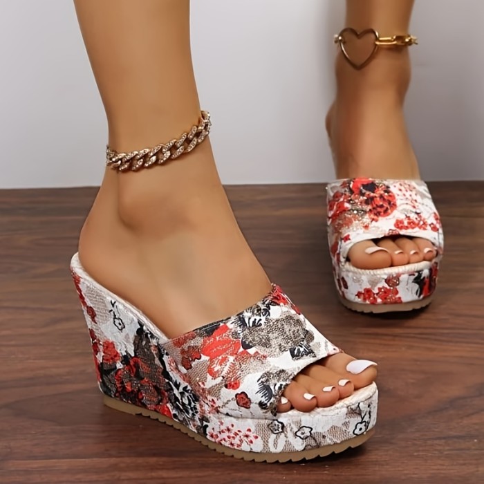Women's Floral Printed Platform Wedge Slippers, Fashion Open Toe Non Slip Heels, Outdoor Slip On Sandals