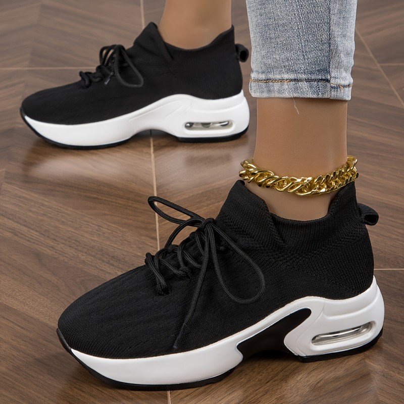 Women's Breathable Knit Platform Sneakers, Casual Lace Up Outdoor Shoes, Comfortable Low Top Running Shoes