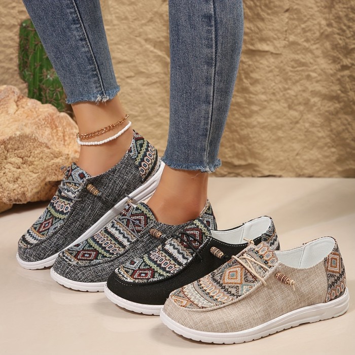 Women's Geometric Pattern Loafers, Soft Sole Lightweight Slip On Casual Shoes, Low-top Walking Canvas Shoes