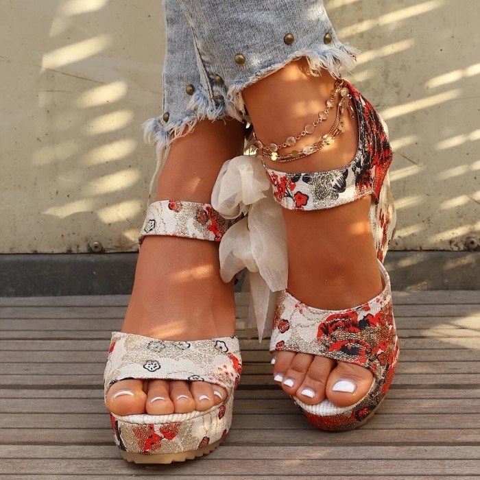 Women's Wedge Open Toe Sandals, Floral Print Ankle Strap Lace-up Bowknot Shoes, Platform Shoes