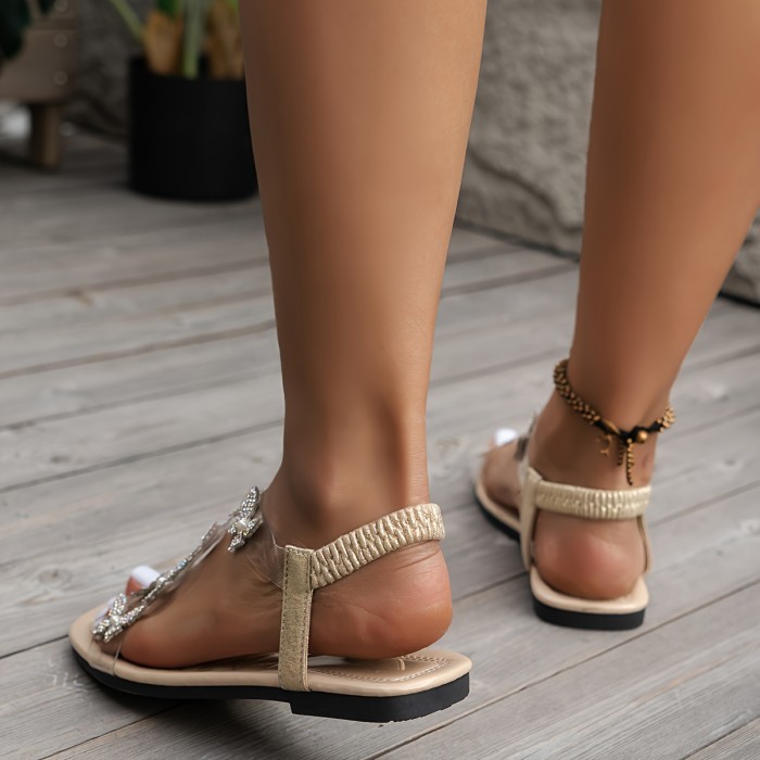Women's Butterfly Decor Flat Sandals, Square Open Toe Elastic Band Slip On Shoes, Fashion Outdoor Beach Sandals