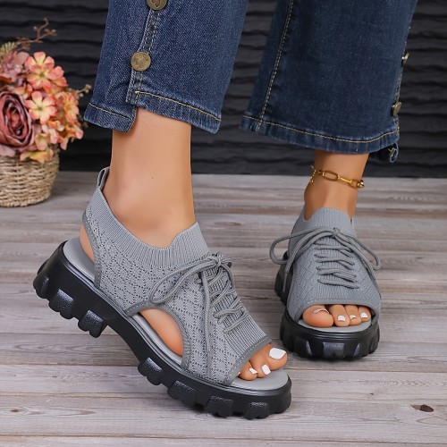 Women's Knitted Platform Sandals, Peep Toe Lace Up Cut-out Summer Shoes, Casual Breathable Outdoor Sandals