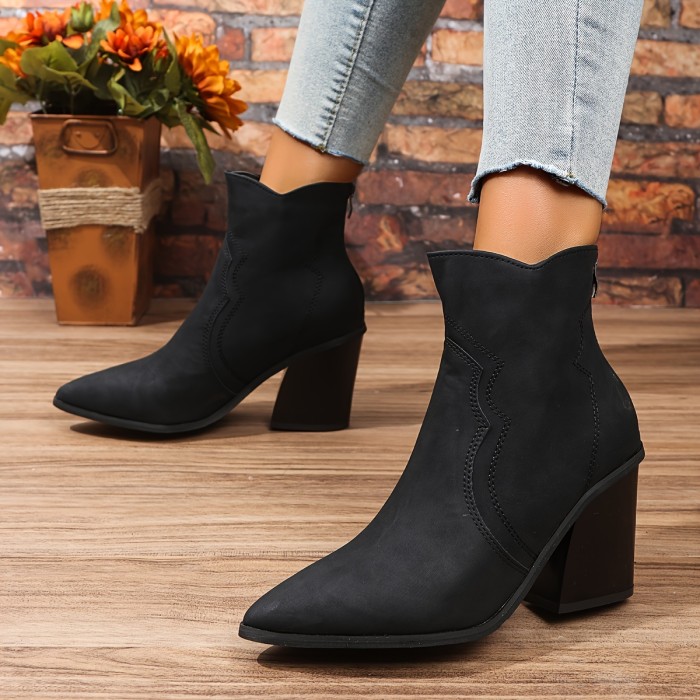 Women's Chunky Heel Short Boots, Fashion Point Toe Dress Boots, Stylish Back Zipper Ankle Boots