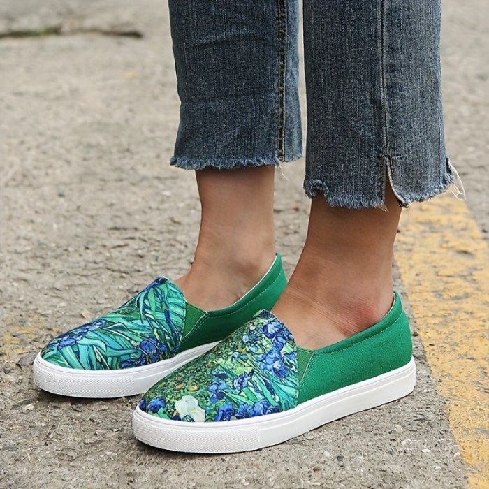 Women's Green Landscape Print Loafers, Casual Slip On Low Top Canvas Shoes, Fashion Walking Sneakers St. Patrick's Day