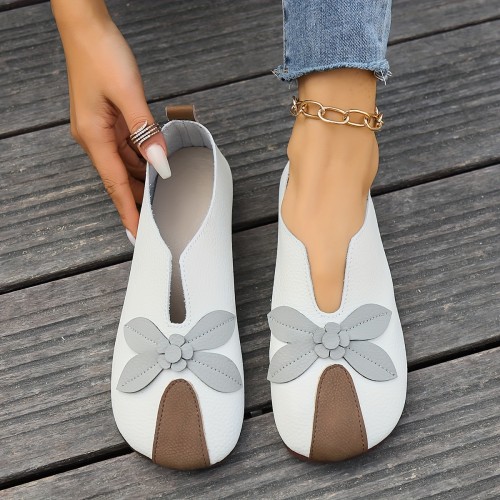 Women's Solid Color Casual Flats, Floral Decor Lightweight Soft Sole Shoes, Closed Toe Comfort Shoes