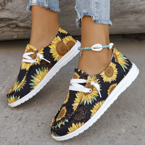 Women's Sunflower Pattern Loafers, Soft Sole Lightweight Slip On Casual Shoes, Low-top Canvas Shoes