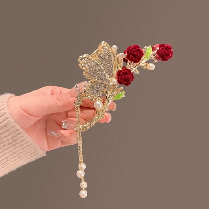 Delicate Long Faux Pearl Tassel Hair Claw, Butterfly Rhinestone Vintage Claw Clip, Women Girls Princess Style Hair Accessories, Ideal Choice For Valentine's Day Gift