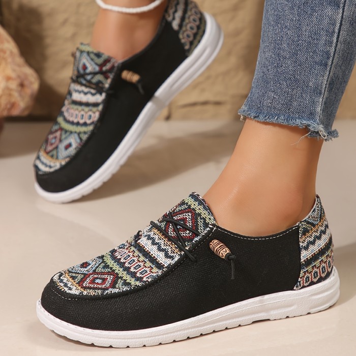 Women's Geometric Pattern Loafers, Soft Sole Lightweight Slip On Casual Shoes, Low-top Walking Canvas Shoes