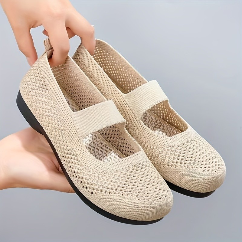 Women's Solid Color Flat Shoes, Breathable Knit Slip On Shoes, Lightweight & Comfortable Shoes