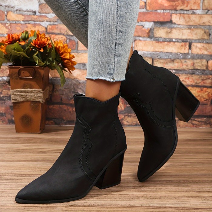 Women's Chunky Heel Short Boots, Fashion Point Toe Dress Boots, Stylish Back Zipper Ankle Boots
