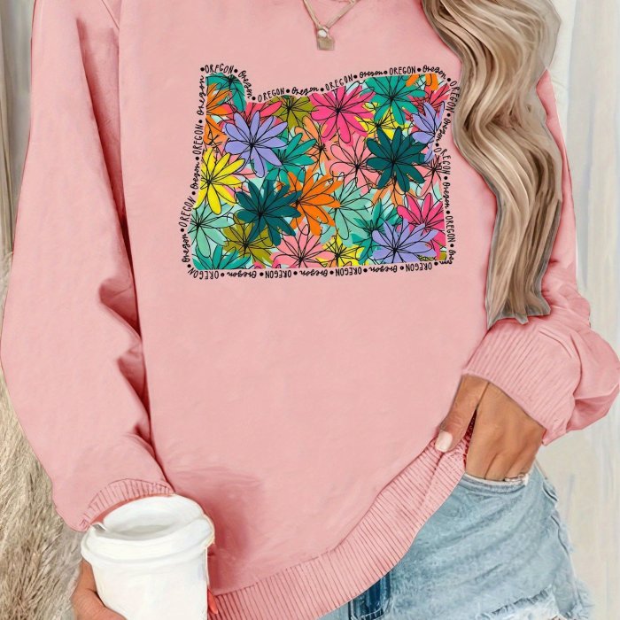 Floral Graphic Print Sweatshirt, Crew Neck Casual Sweatshirt For Fall & Winter, Women's Clothing