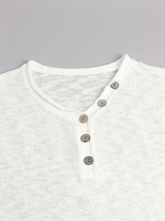 Solid Button Front V-neck Dress, Causal Long Sleeve Split Hem Dress For Spring & Fall, Women's Clothing