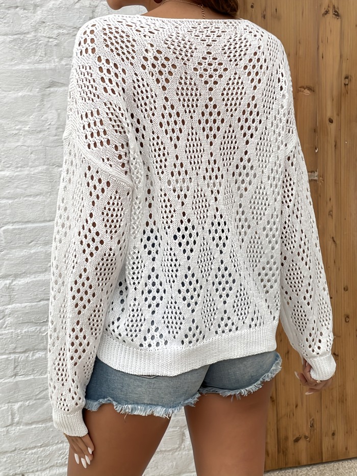 Solid Color V Neck Pullover Sweater, Vacation Long Sleeve Cut Out Knitted Sweater For Spring & Summer, Women's Clothing